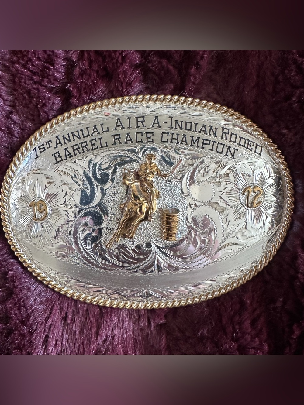 1st Annual AIRA Indian Rodeo Barrel Racing Champion Belt Buckle 1972 Sterling